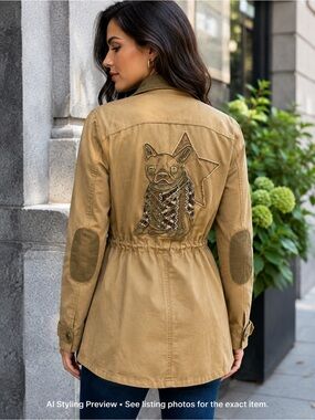On & On Women’s US 10 Khaki Bulldog Embroidered Utility Military Jacket
